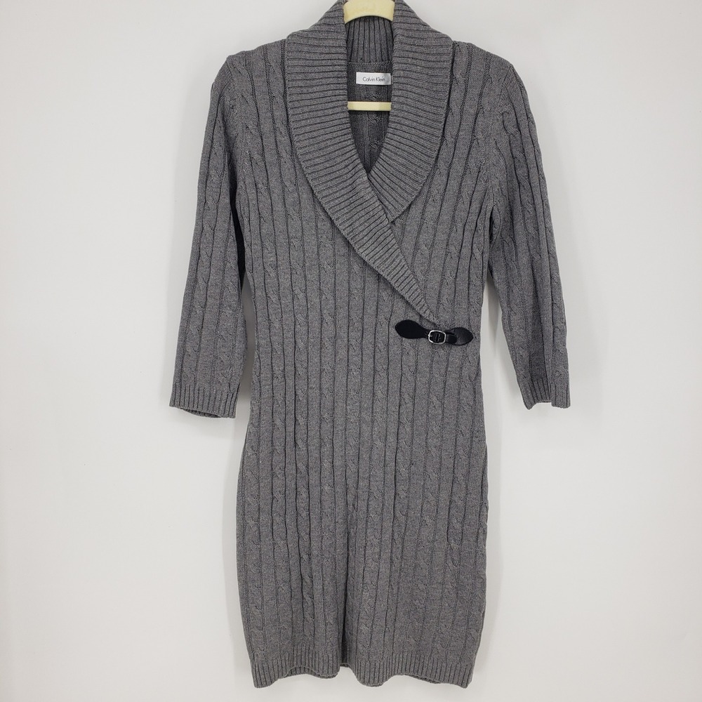 Calvin Klein Cable Knit Shawl Collar Sweater Dress S Fitted 3/4 Sleeve Gray
